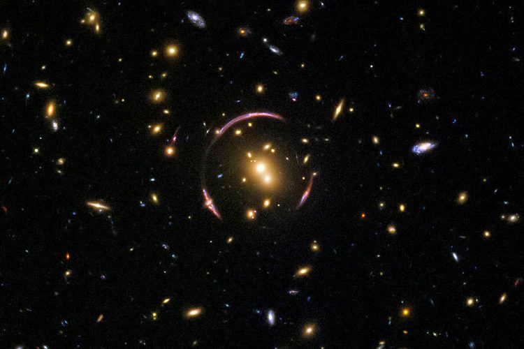 This image is packed full of galaxies! A keen eye can spot exquisite ellipticals and spectacular spirals, seen at various orientations: edge-on with the plane of the galaxy visible, face-on to show off magnificent spiral arms, and everything in between. The vast majority of these specks are galaxies, but to spot a foreground star from our own galaxy, you can look for a point of light with tell-tale diffraction spikes. The most alluring subject sits at the centre of the frame. With the charming name of SDSSJ0146-0929, the glowing central bulge is a galaxy cluster  a monstrous collection of hundreds of galaxies all shackled together in the unyielding grip of gravity. The mass of this galaxy cluster is large enough to severely distort the spacetime around it, creating the odd, looping curves that almost encircle the cluster. These graceful arcs are examples of a cosmic phenomenon known as an Einstein ring. The ring is created as the light from a distant objects, like galaxies, pass by an extremely large mass, like this galaxy cluster. In this image, the light from a background galaxy is diverted and distorted around the massive intervening cluster and forced to travel along many different light paths towards Earth, making it seem as though the galaxy is in several places at once.